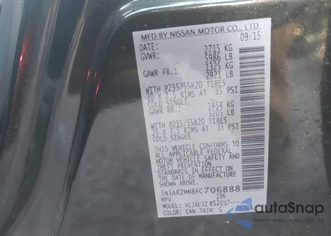 2015 Nissan Pathfinder Platinum z USA, uszkodzony, nr VIN 5N1AR2MN8FC706888